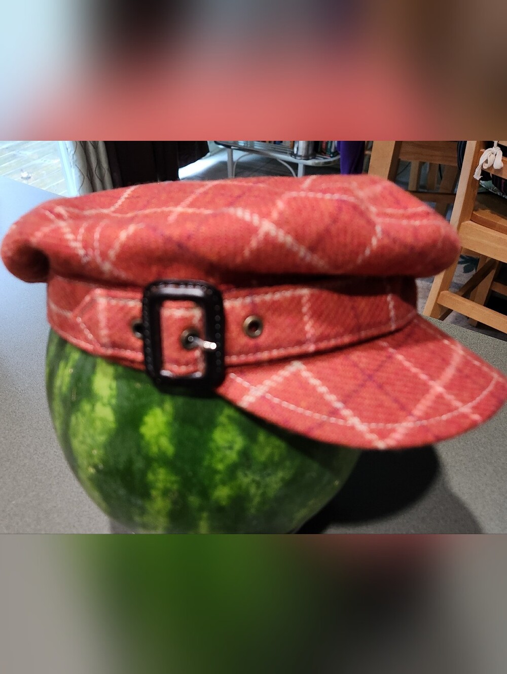 J. Crew Red Plaid Baker Boy Cap with Black Buckle